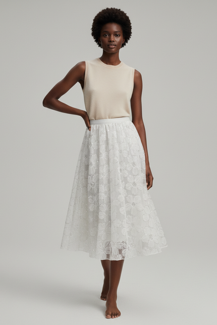 Jupe Paillette Blanche Florale Élégante