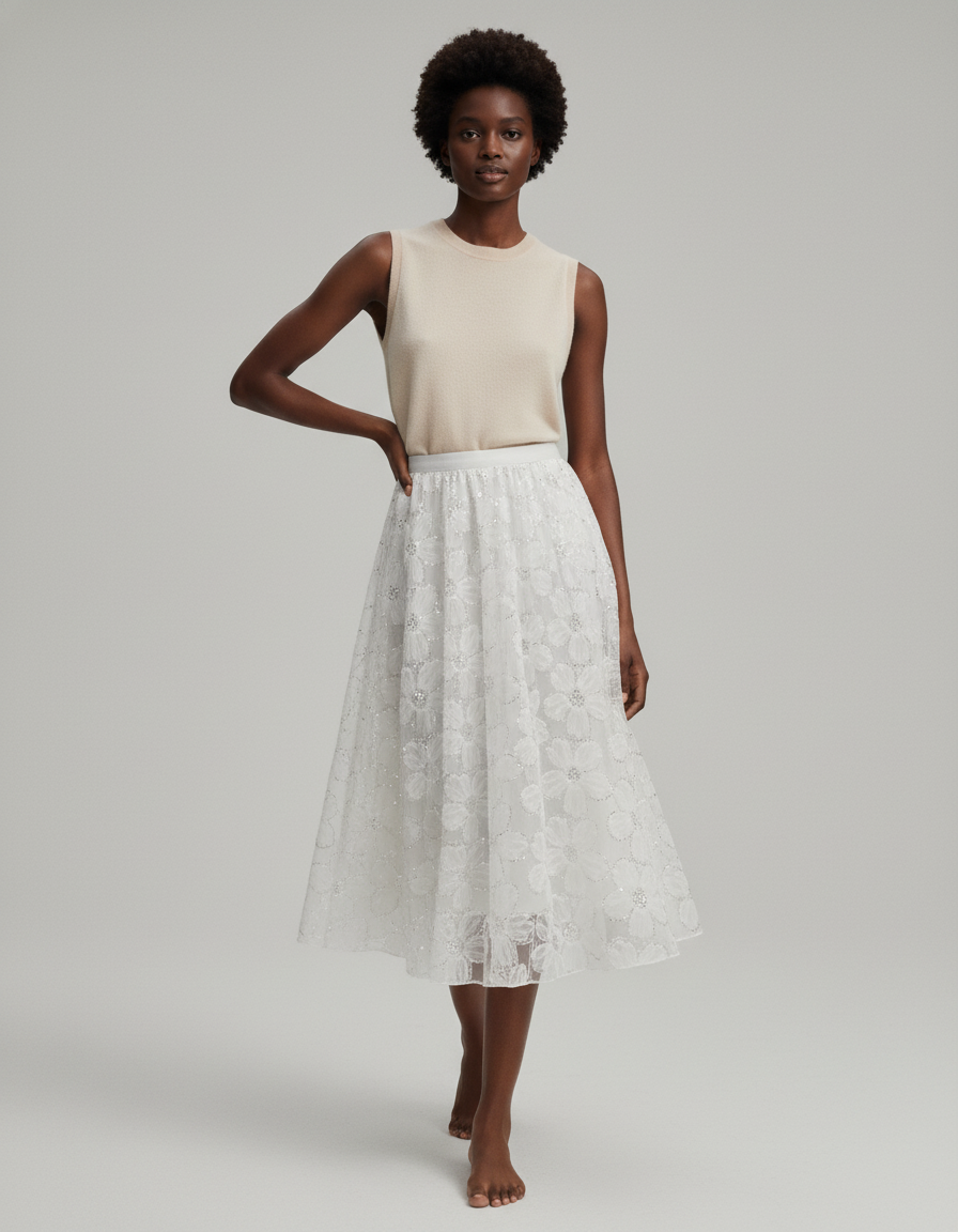 Jupe Paillette Blanche Florale Élégante