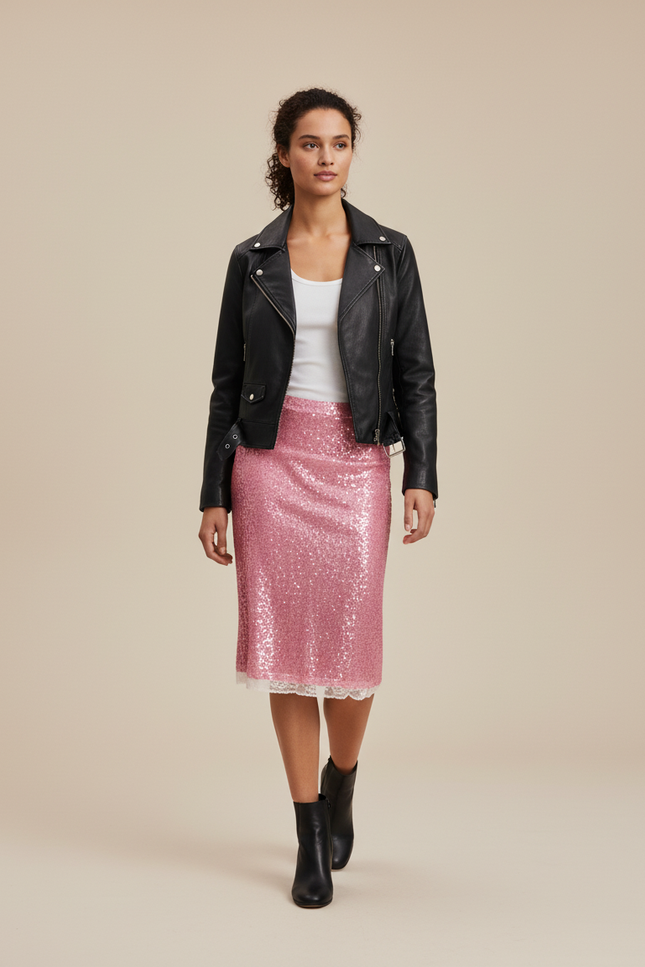 Jupe Paillette Rose Dentelle Chic