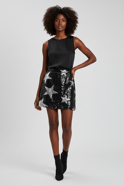 Jupe Paillette Noire Motif Étoiles Chic