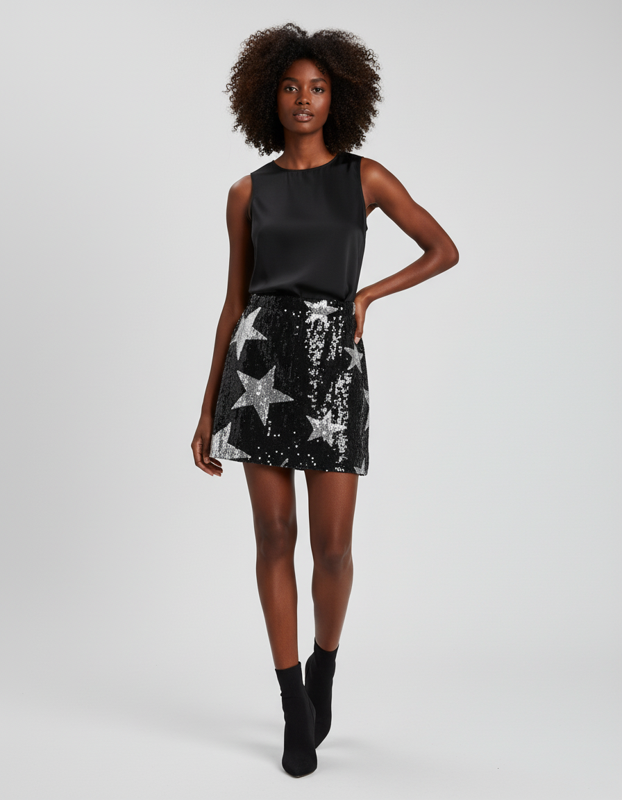 Jupe Paillette Noire Motif Étoiles Chic