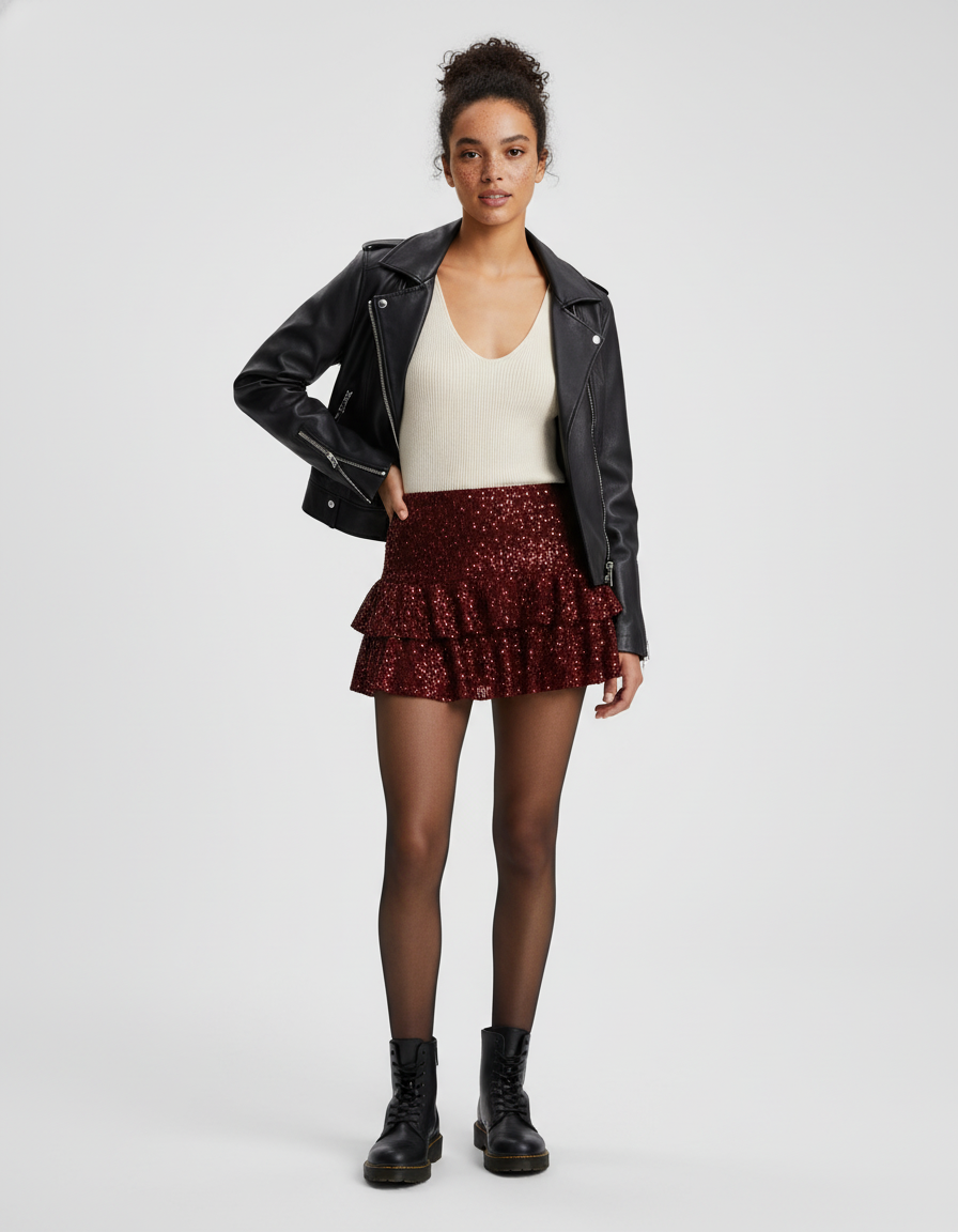 Jupe Paillette Bordeaux Volants Chic