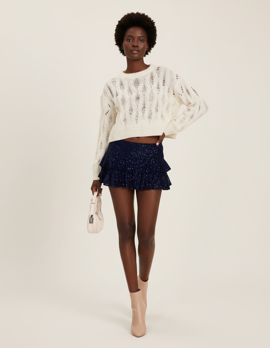Jupe Paillette Bleu Marine Volants Chic