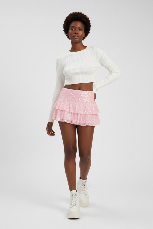 Jupe Paillette Rose Volants Chic