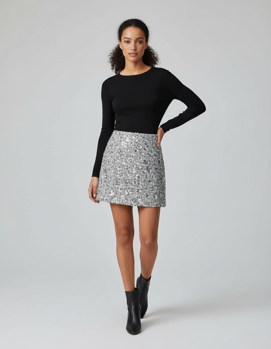 Jupe Paillette Argentée A-Line Élégante