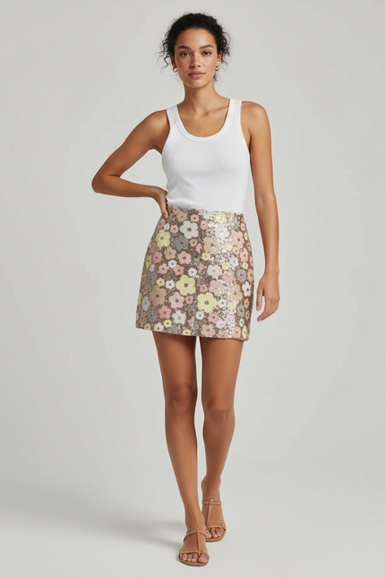 Jupe Paillette Florale Courte Chic