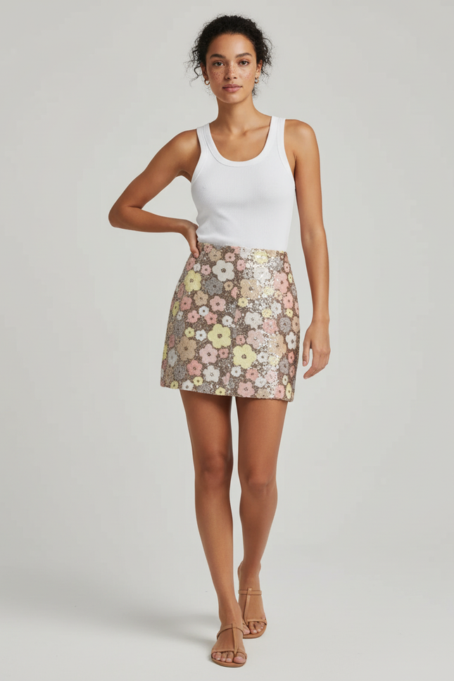 Jupe Paillette Florale Courte Chic