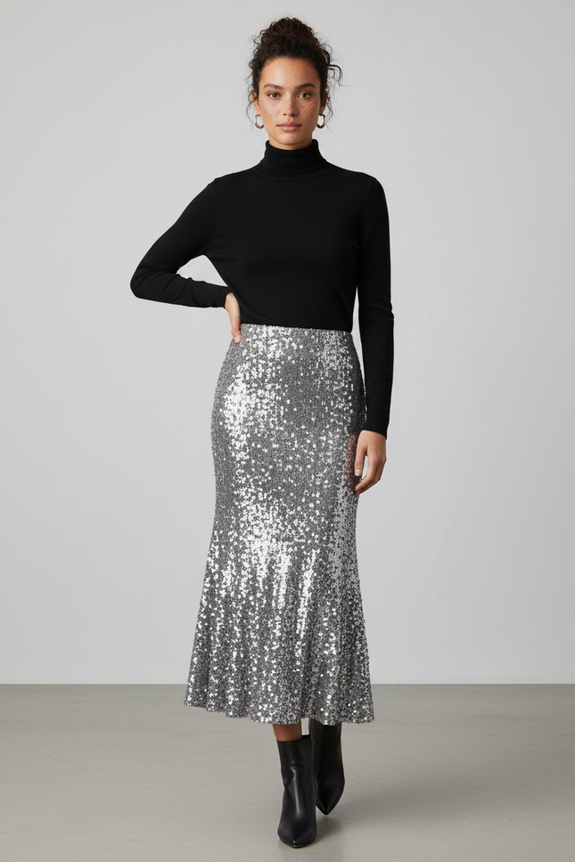 Jupe Paillette Argentée Midi Fluide