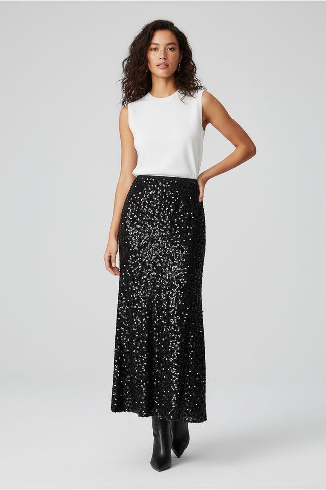Jupe Paillette Noire Longue Élégante