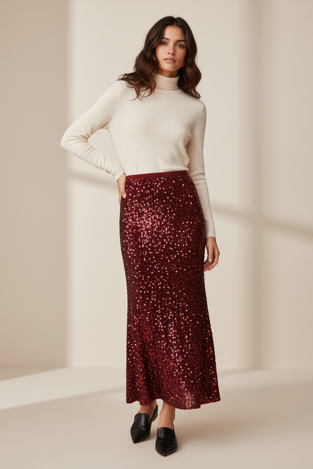 Jupe Paillette Longue Bordeaux Élégante