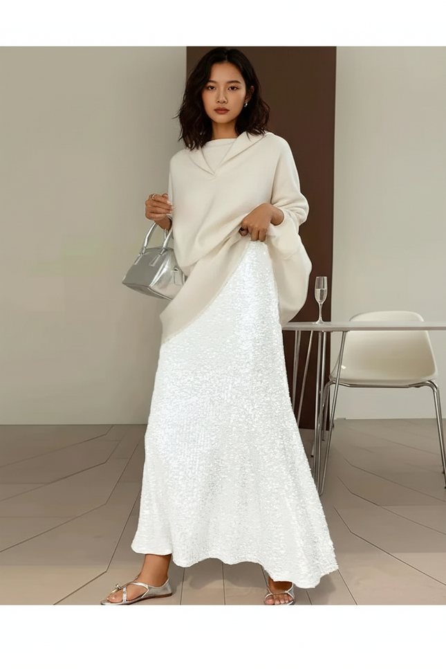 Jupe Paillette Blanche A-Line Élégante