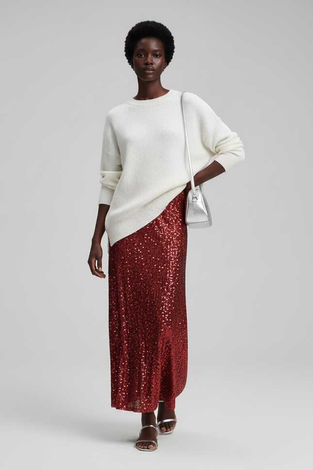 Jupe Paillette Bordeaux Longue Élégante