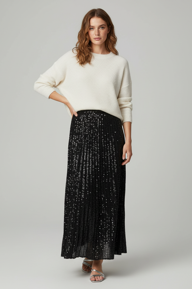 Jupe Paillette Noire Plissée Élégante