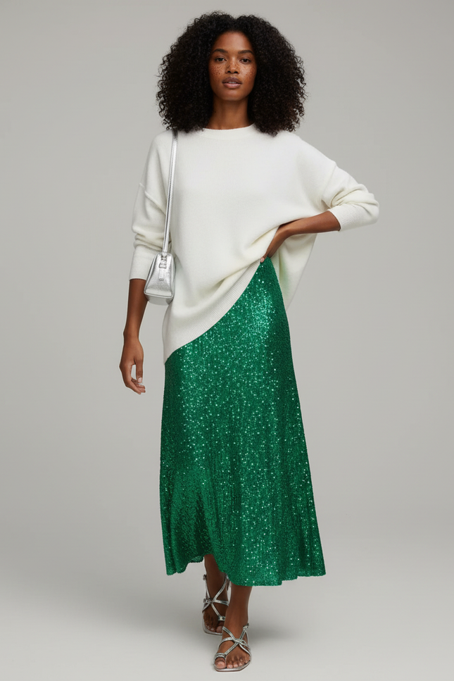 Jupe Paillette Verte Évasée Élégante