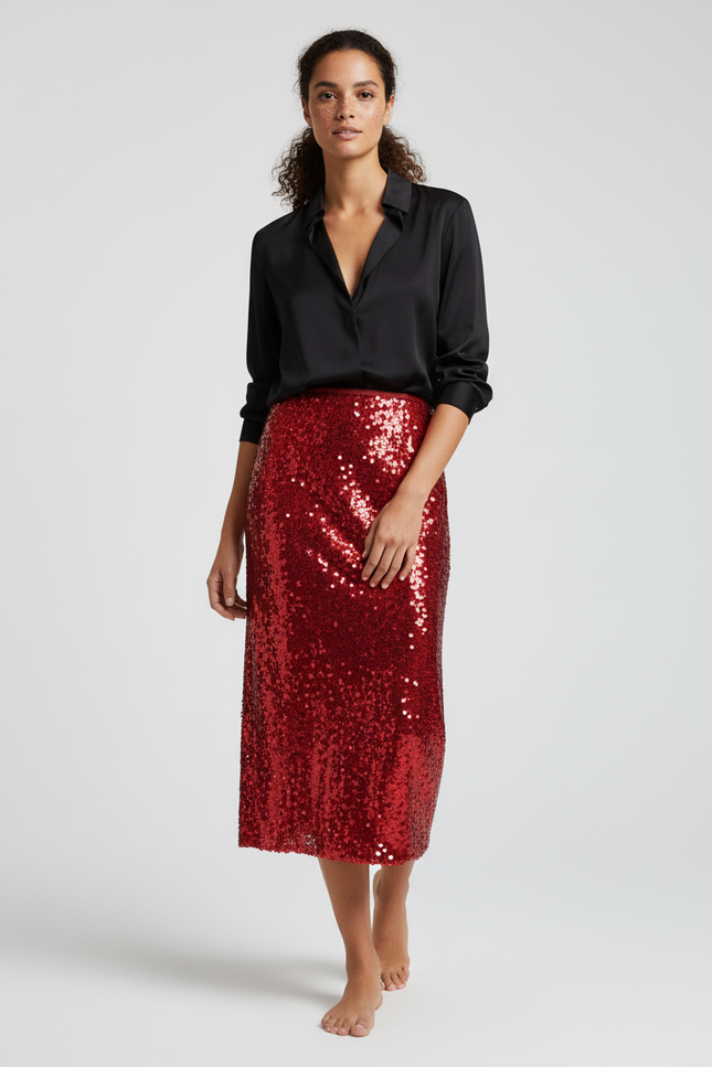 Jupe Paillette Rouge Crayon Chic