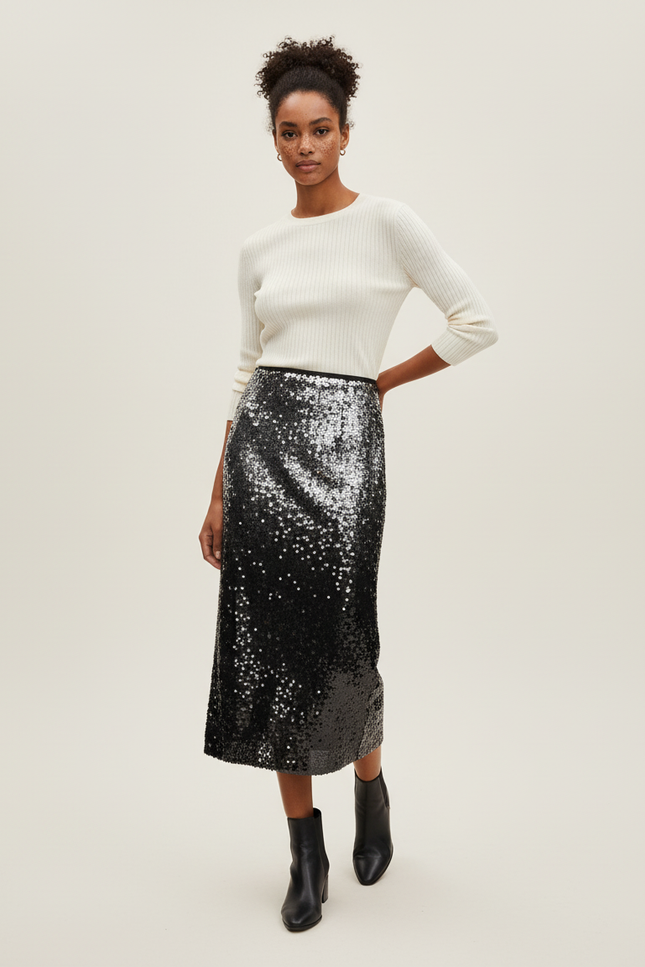 Jupe Paillette Noire Argentée Midi Élégante