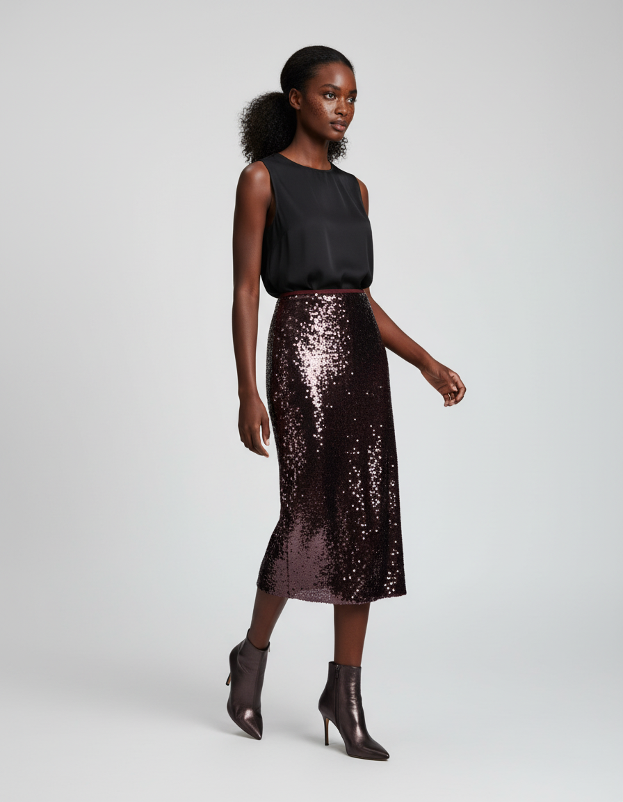 Jupe Paillette Rouge Midi Chic