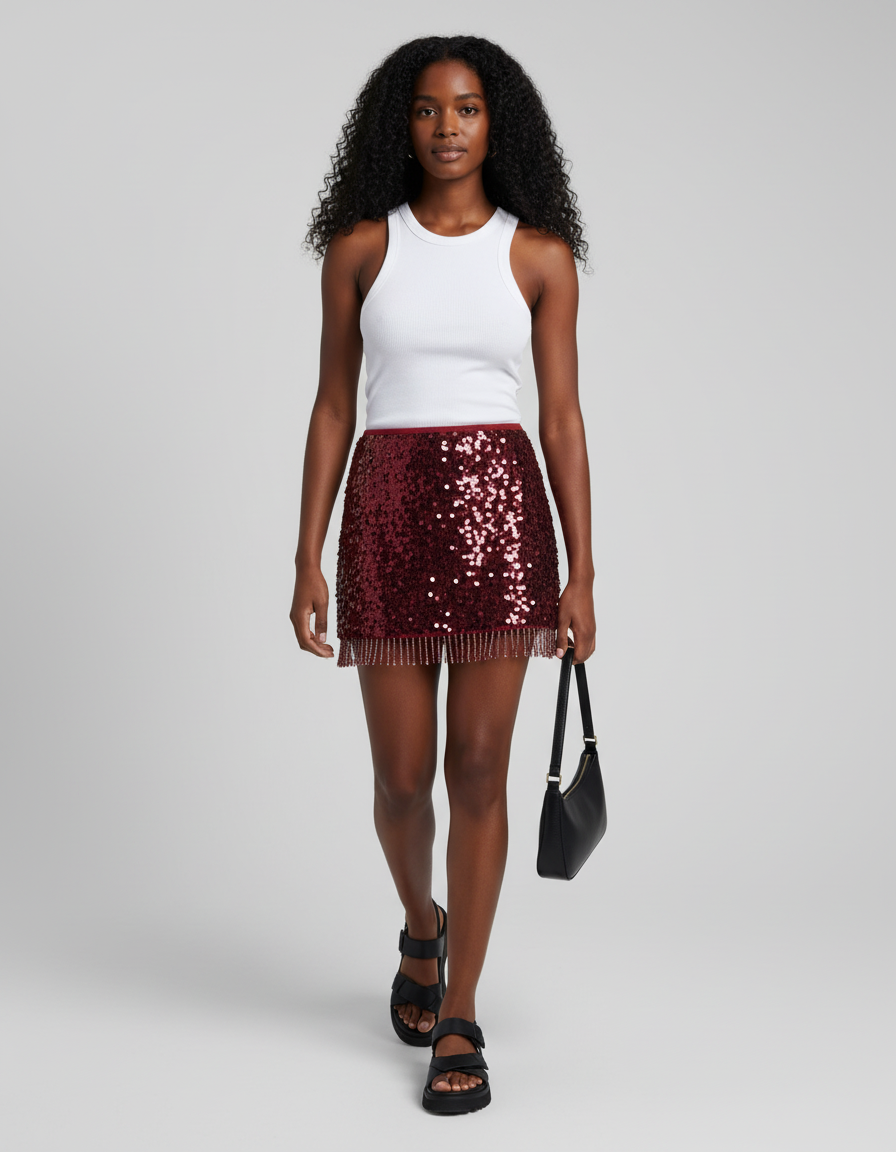 Jupe Paillette Bordeaux Franges Chic