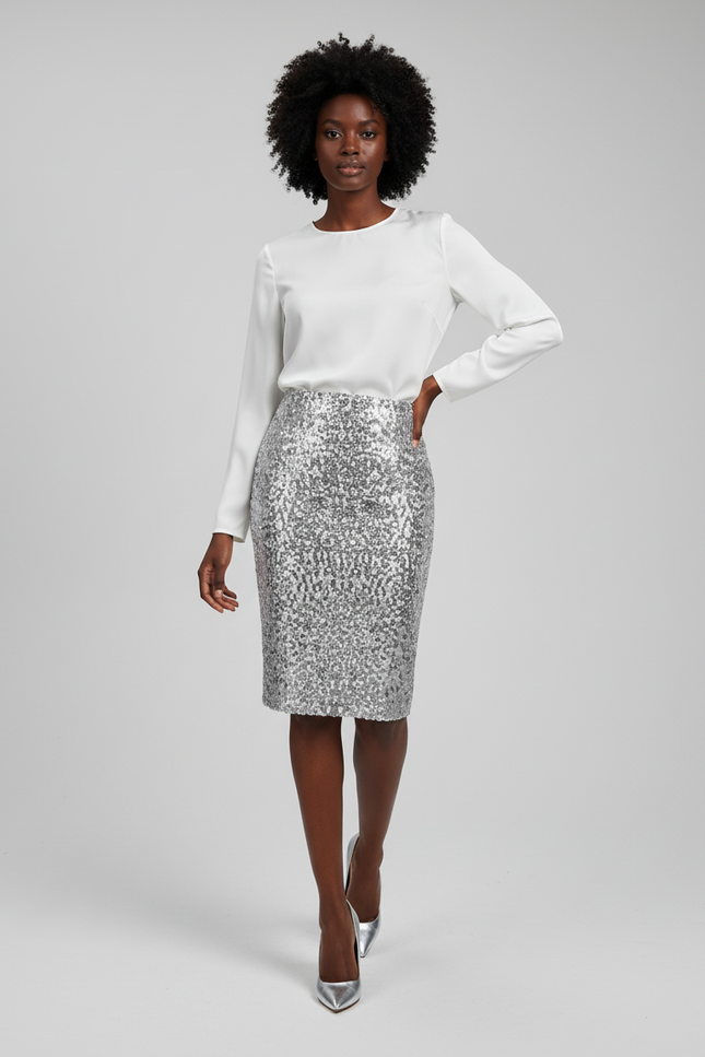 Jupe Paillette Argentée Coupe Crayon Élégante