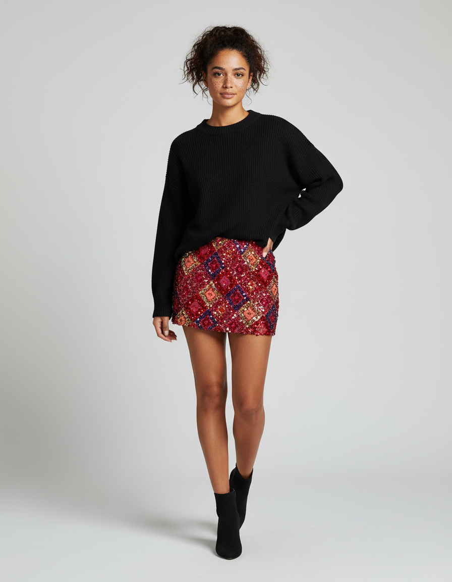 Jupe Paillette Multicolore Géométrique Chic
