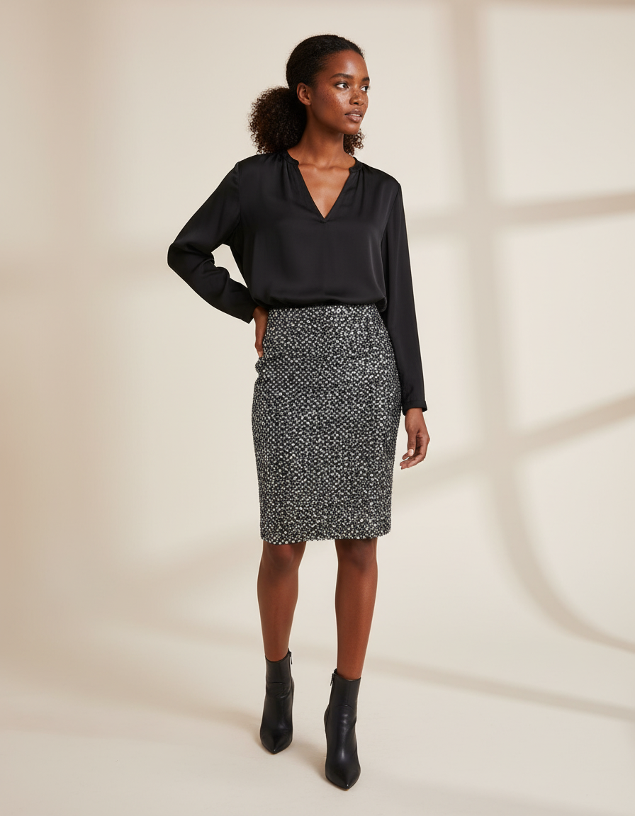 Jupe Paillette Droite Noir Et Blanc Chic