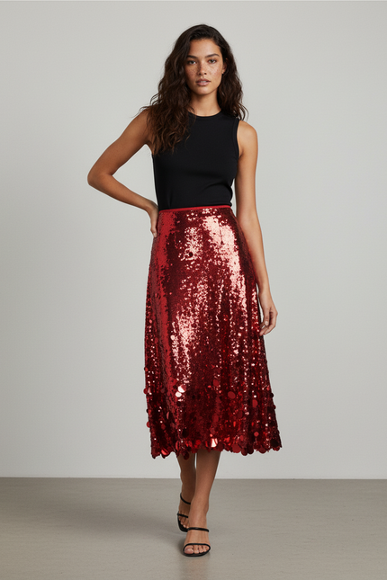 Jupe Paillette Rouge A-Line Élégante