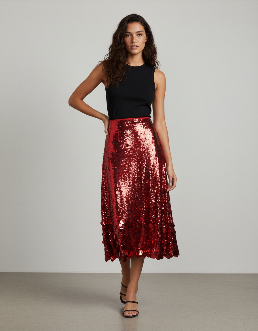 Jupe Paillette Rouge A-Line Élégante