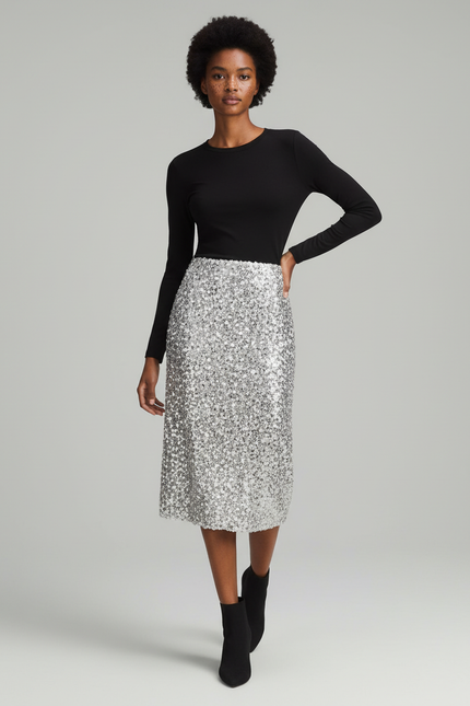 Jupe Paillette Argentée Midi Chic