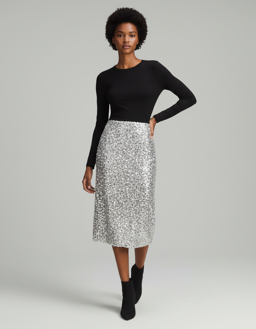 Jupe Paillette Argentée Midi Chic