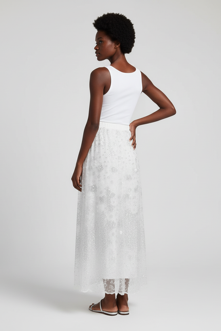 Jupe Paillette Blanche Brodée Fluide