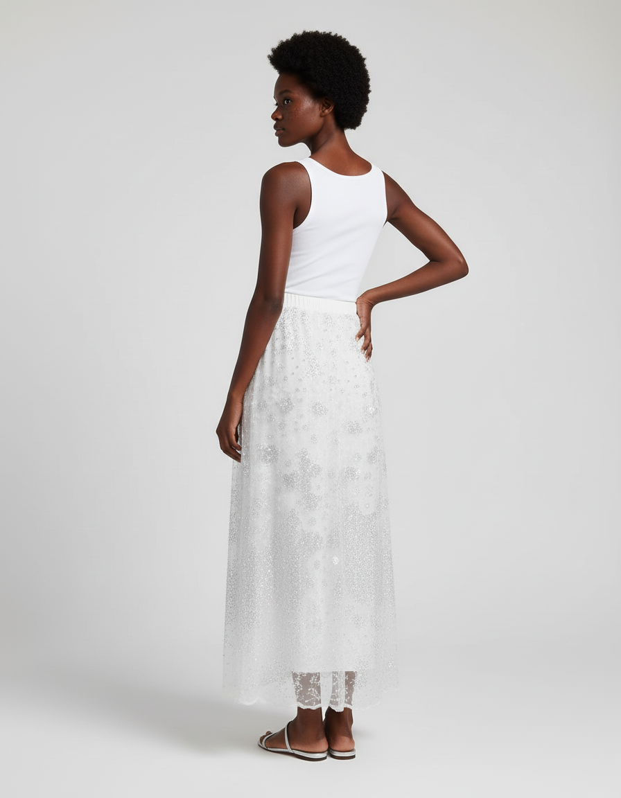 Jupe Paillette Blanche Brodée Fluide