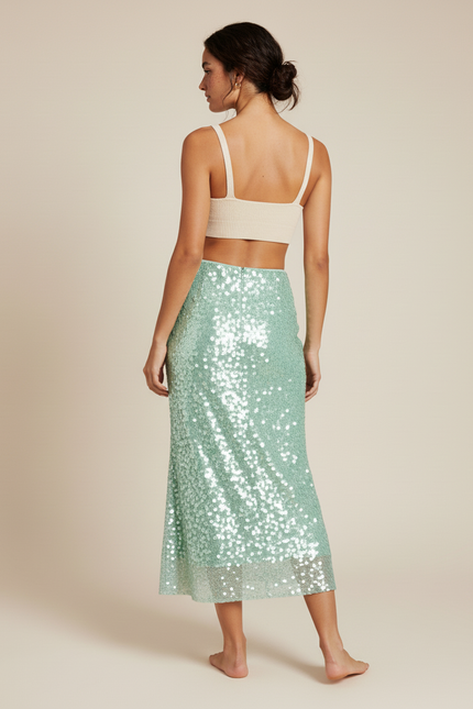 Jupe Paillette Vert Menthe Longue Fluide