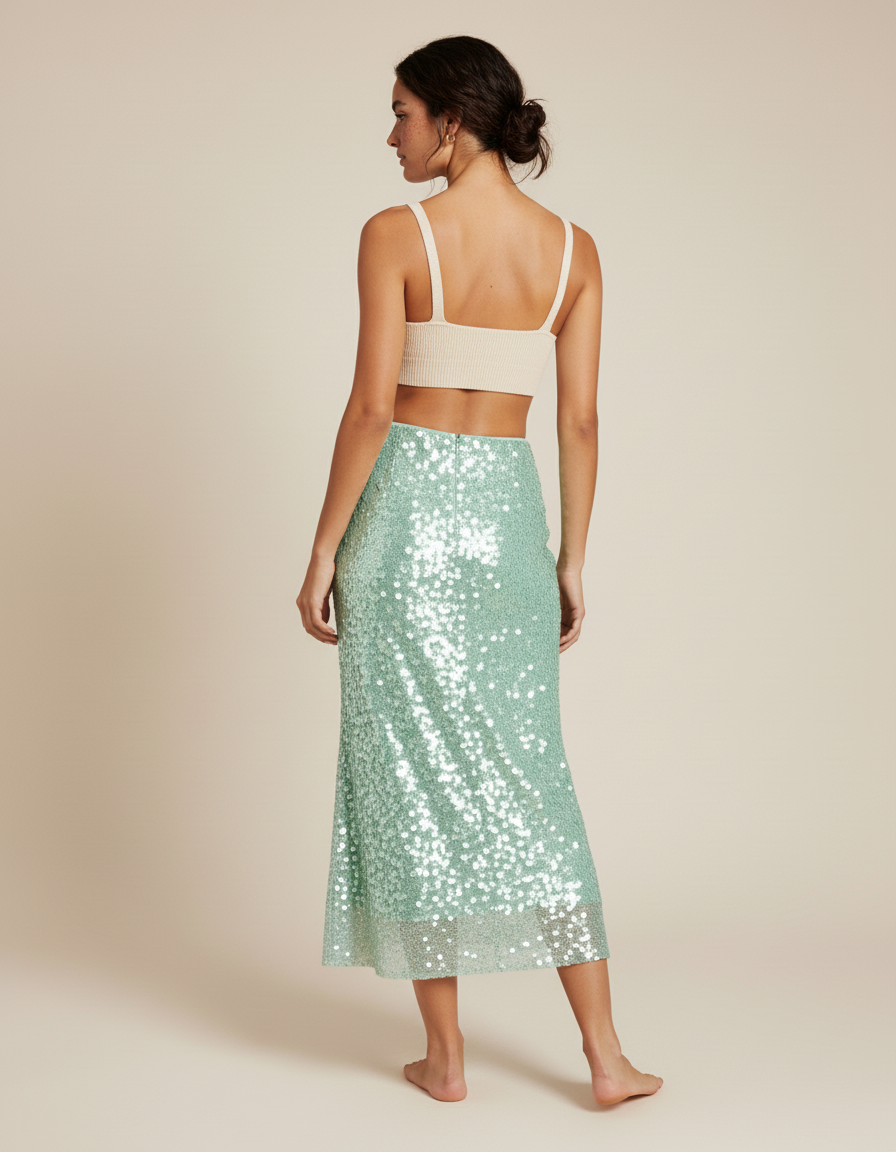 Jupe Paillette Vert Menthe Longue Fluide