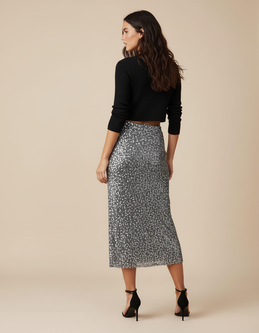Jupe Paillette Argentée Droite Élégante