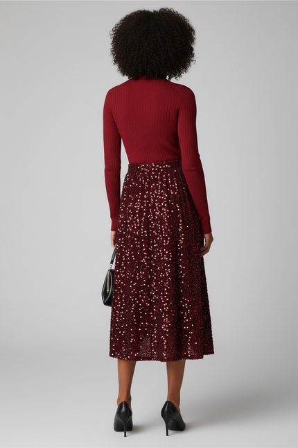 Jupe Paillette Bordeaux Évasée Élégante