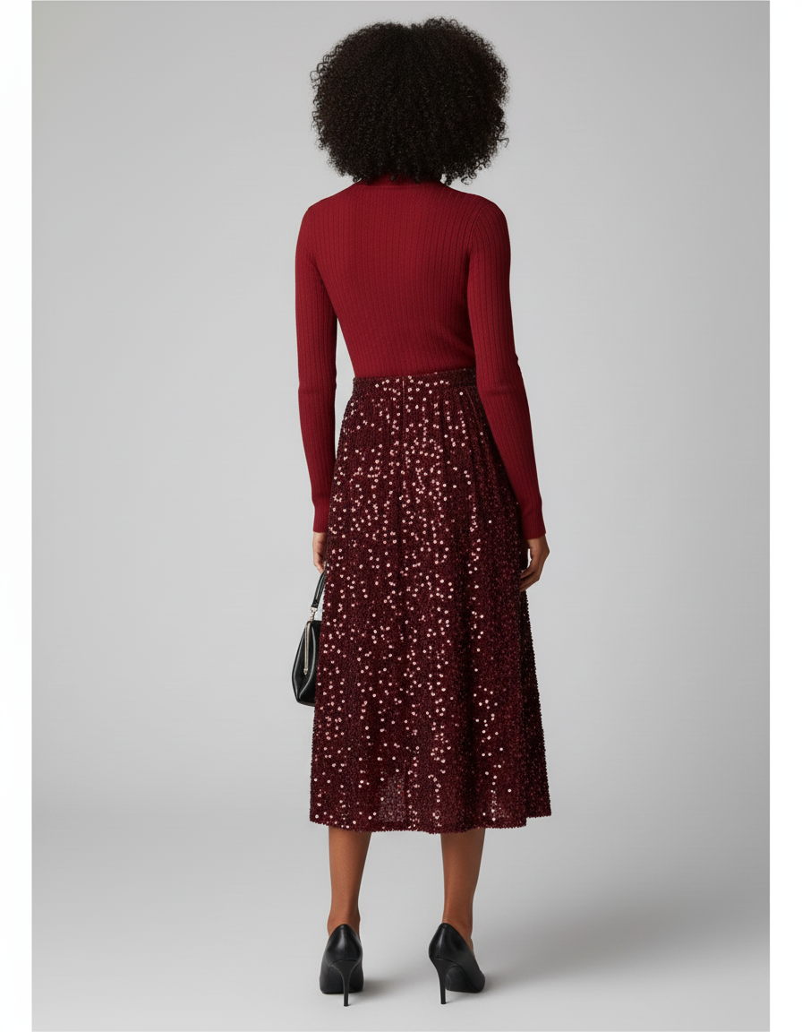 Jupe Paillette Bordeaux Évasée Élégante