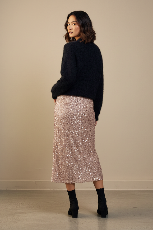 Jupe Paillette Rose Gold Midi Chic