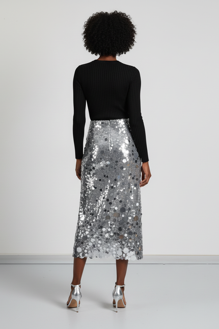 Jupe Paillette Argentée Patchwork Chic