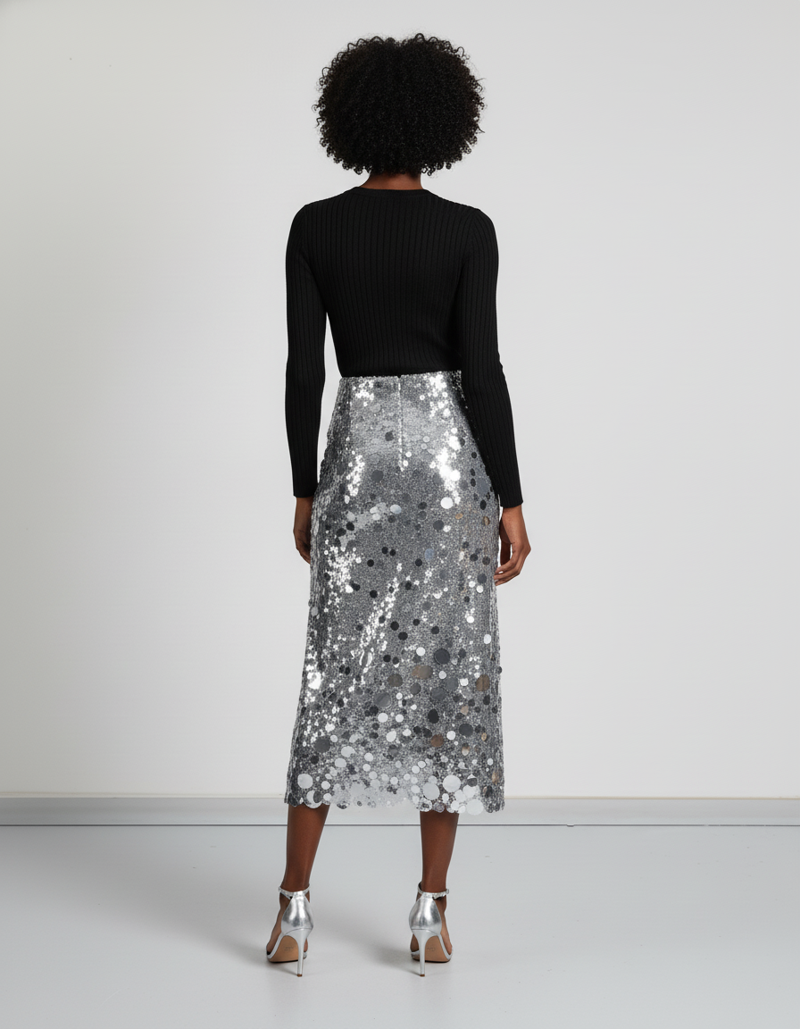 Jupe Paillette Argentée Patchwork Chic