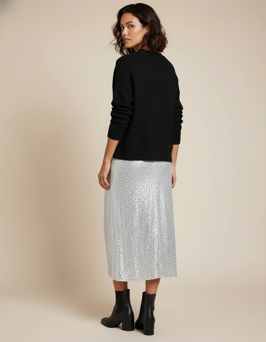 Jupe Paillette Argentée Drapée Élégante