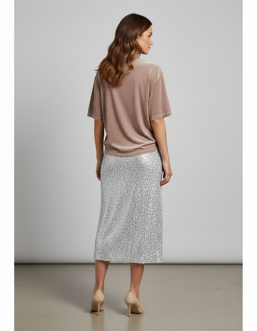 Jupe Paillette Midi Argentée Chic