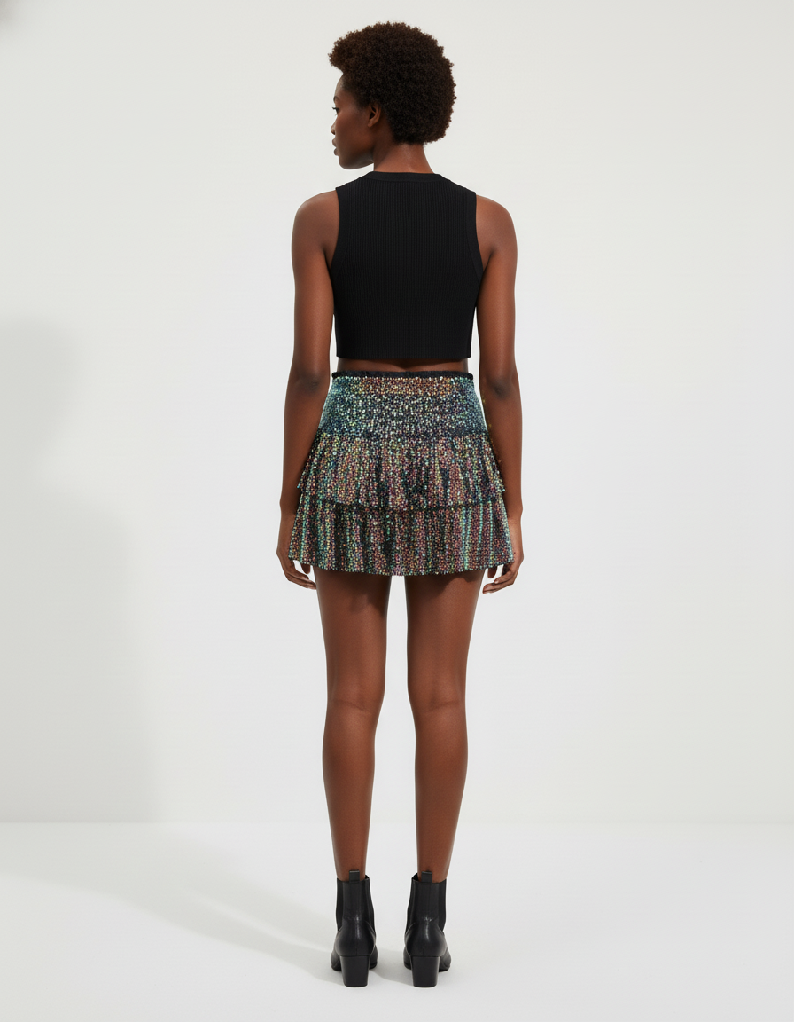 Jupe Paillette Multicolore Volants Chic