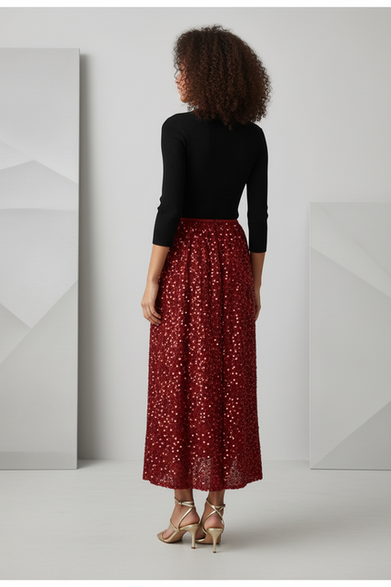 Jupe Paillette Rouge Midi Chic