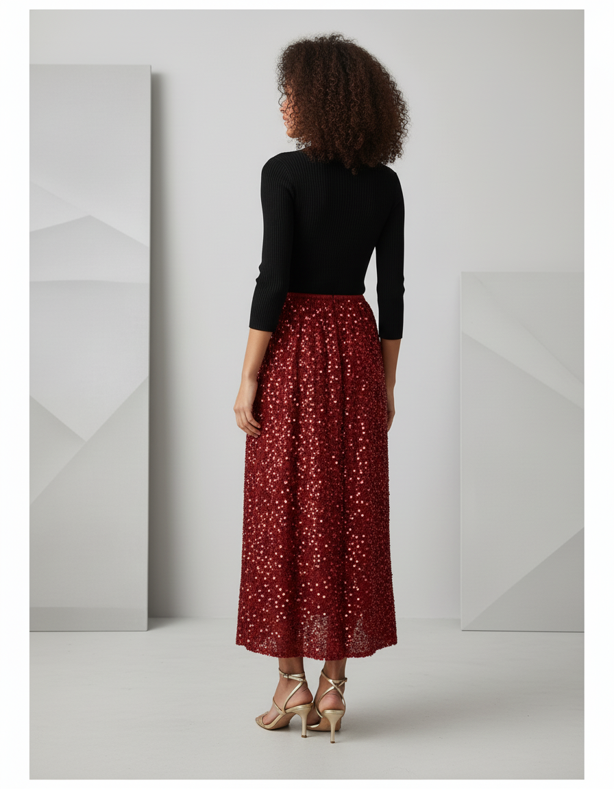Jupe Paillette Rouge Midi Chic