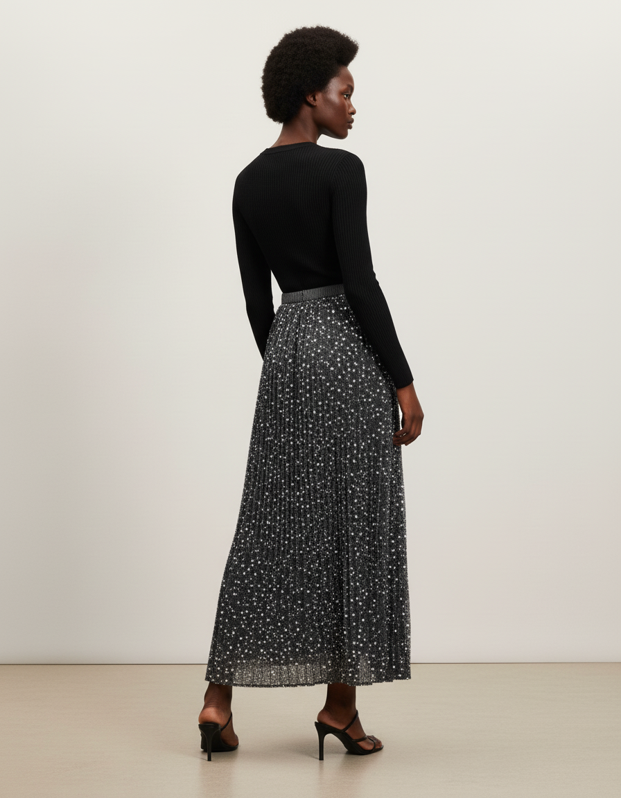 Jupe Paillette Plissée Mi-Longue Élégante