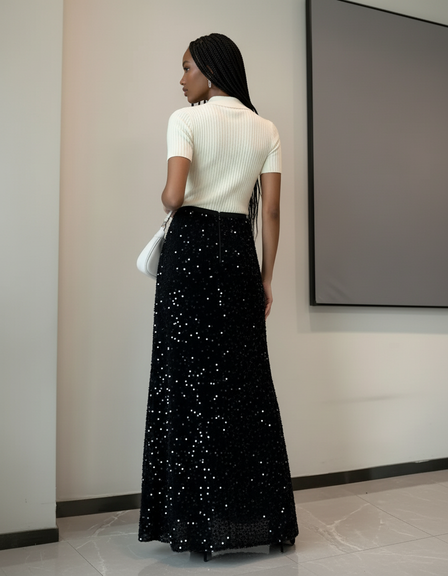 Jupe Paillette Noire Longue Élégante