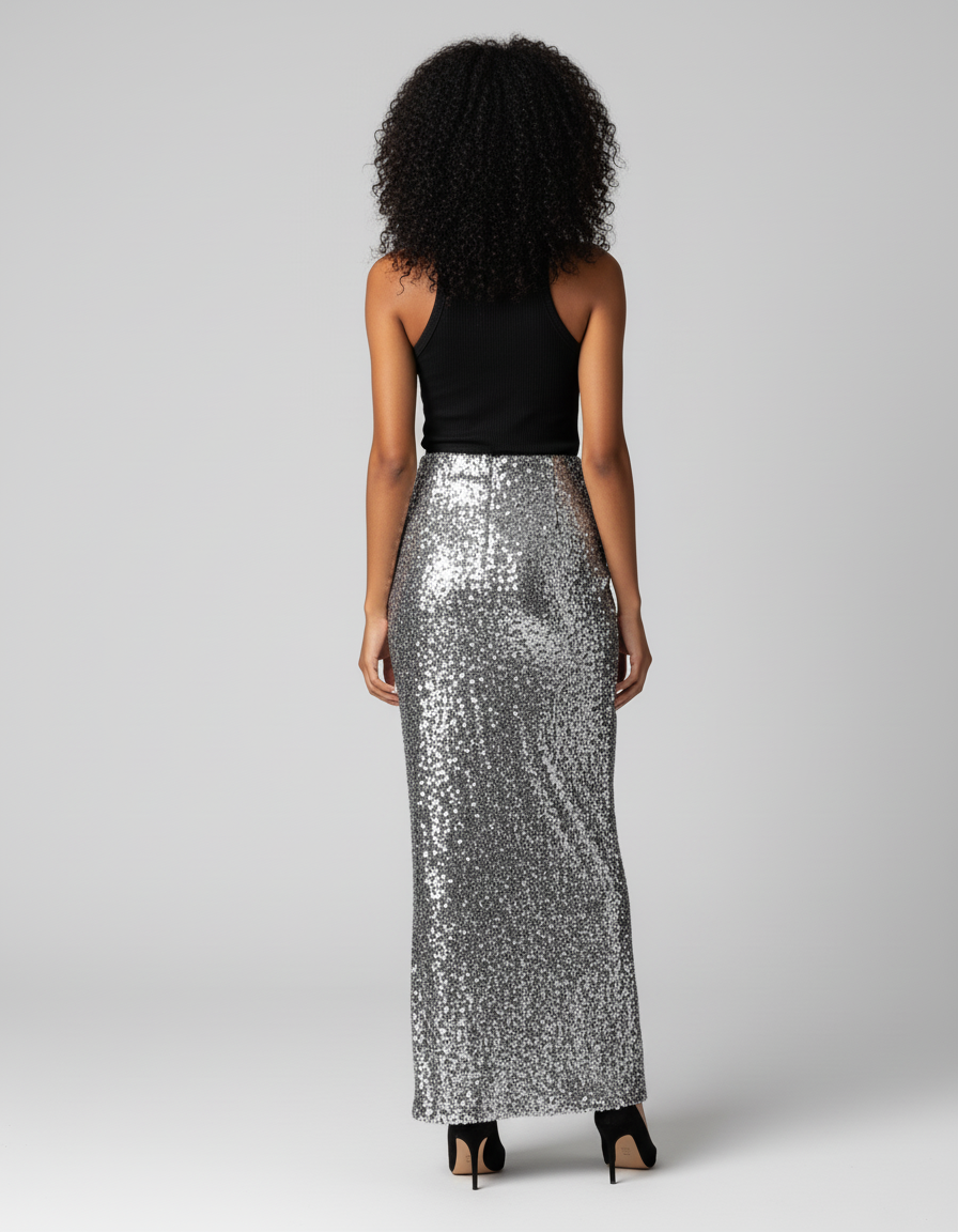 Jupe Paillette Argentée Longue Élégante