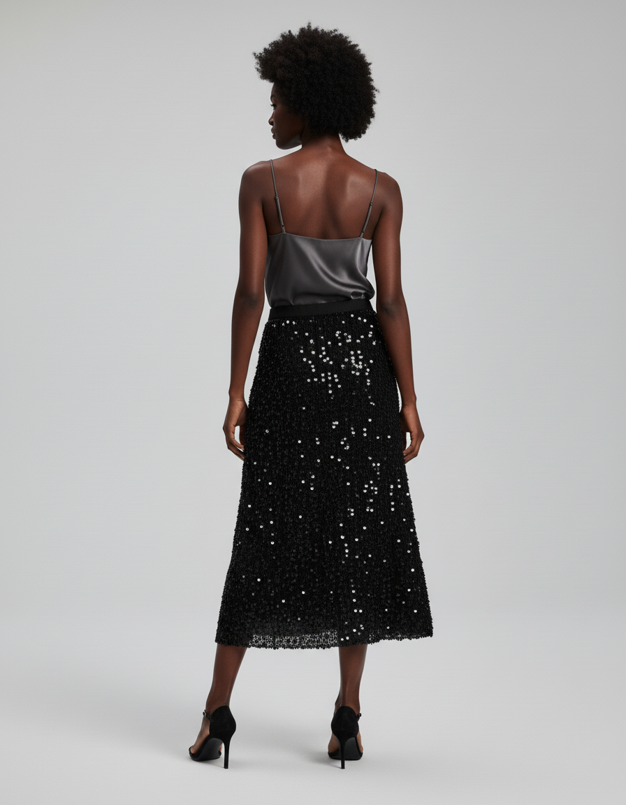 Jupe Paillette Noire Droite Élégante