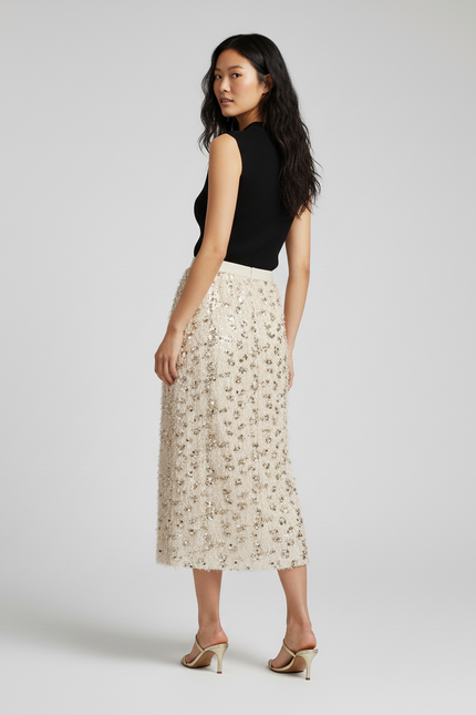 Jupe Paillette Beige Frangée Élégante