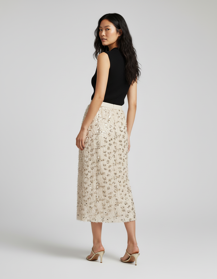 Jupe Paillette Beige Frangée Élégante